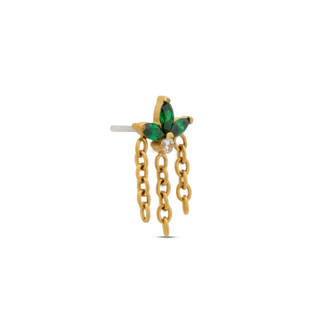 18k V-Gold Marquise Fan in Emerald with Chains Flatback