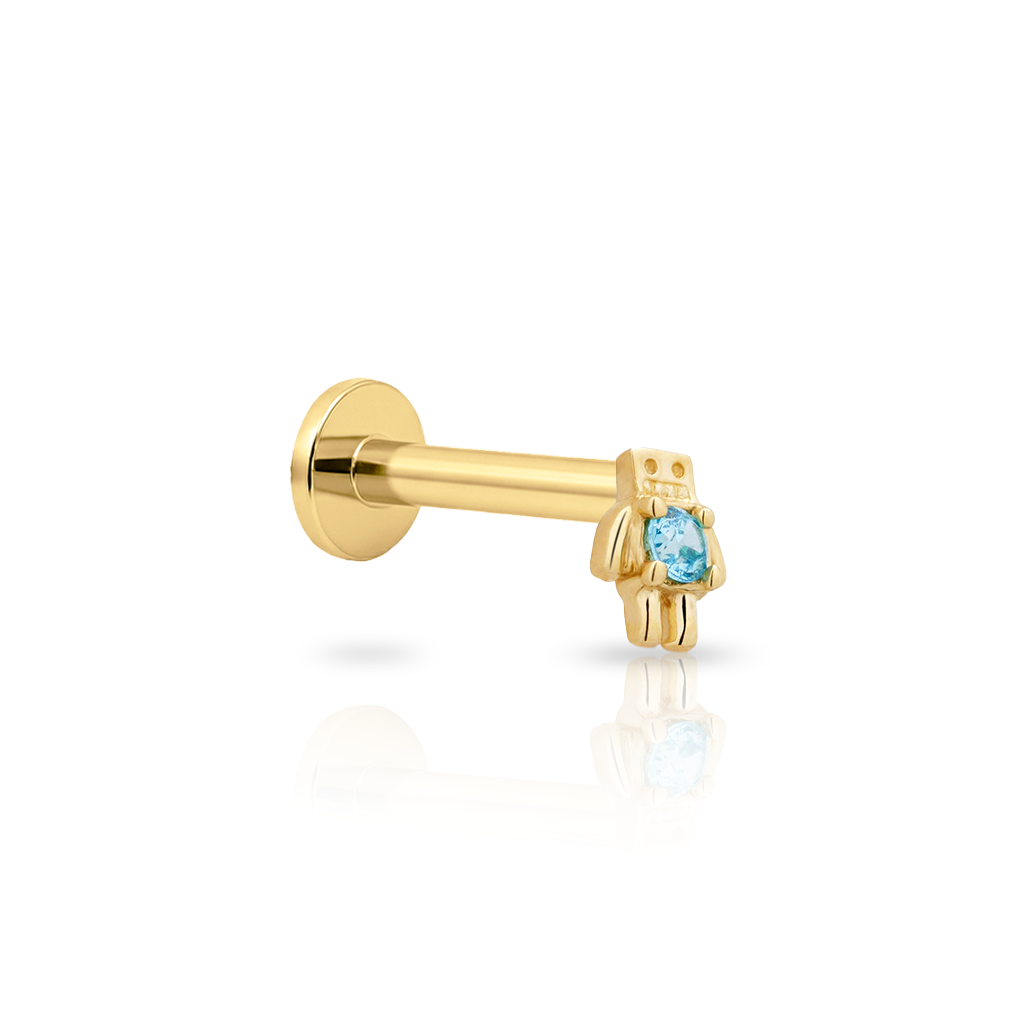 14kt Gold Flatback - Robot With Blue Jewel