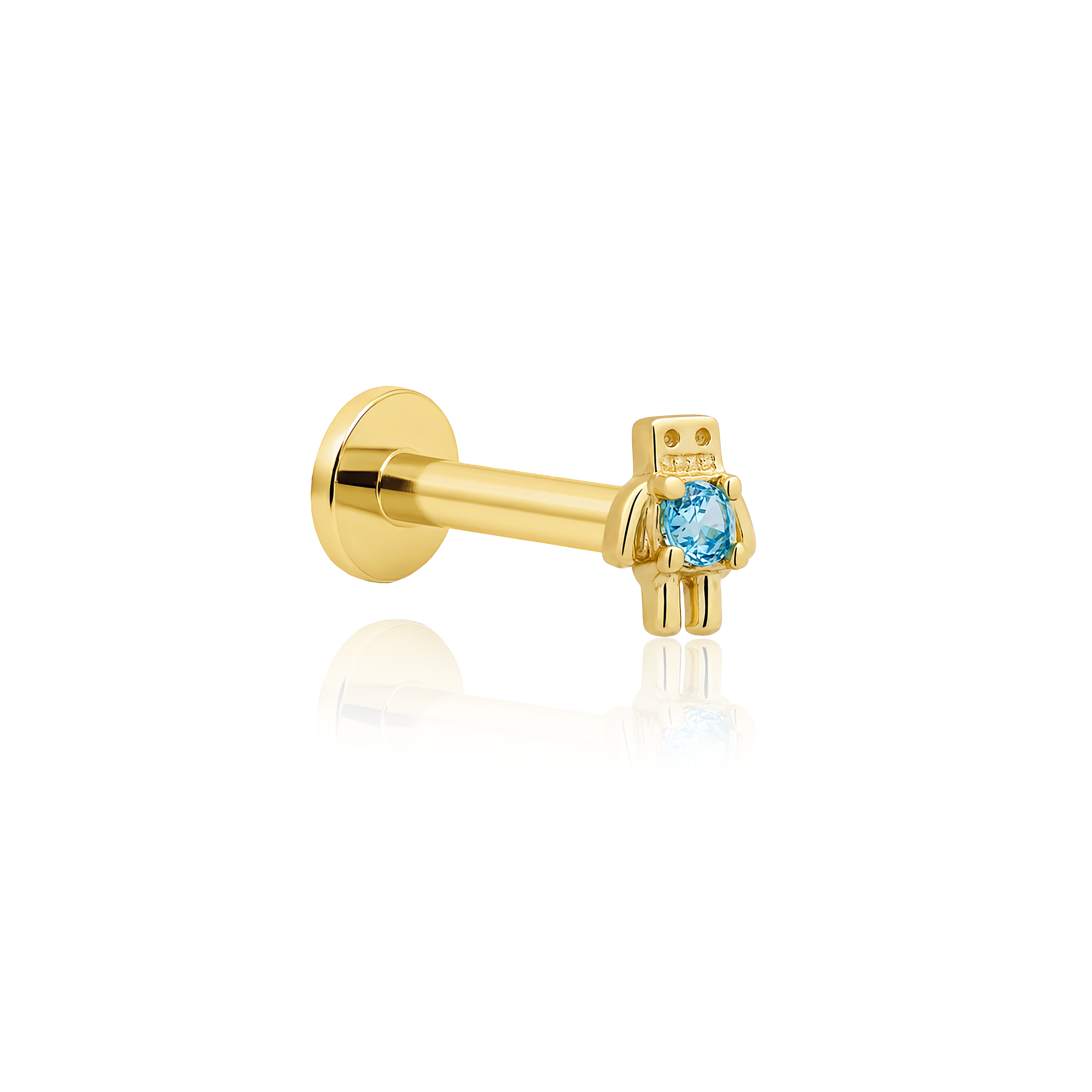 14kt Gold Flatback - Robot With Blue Jewel