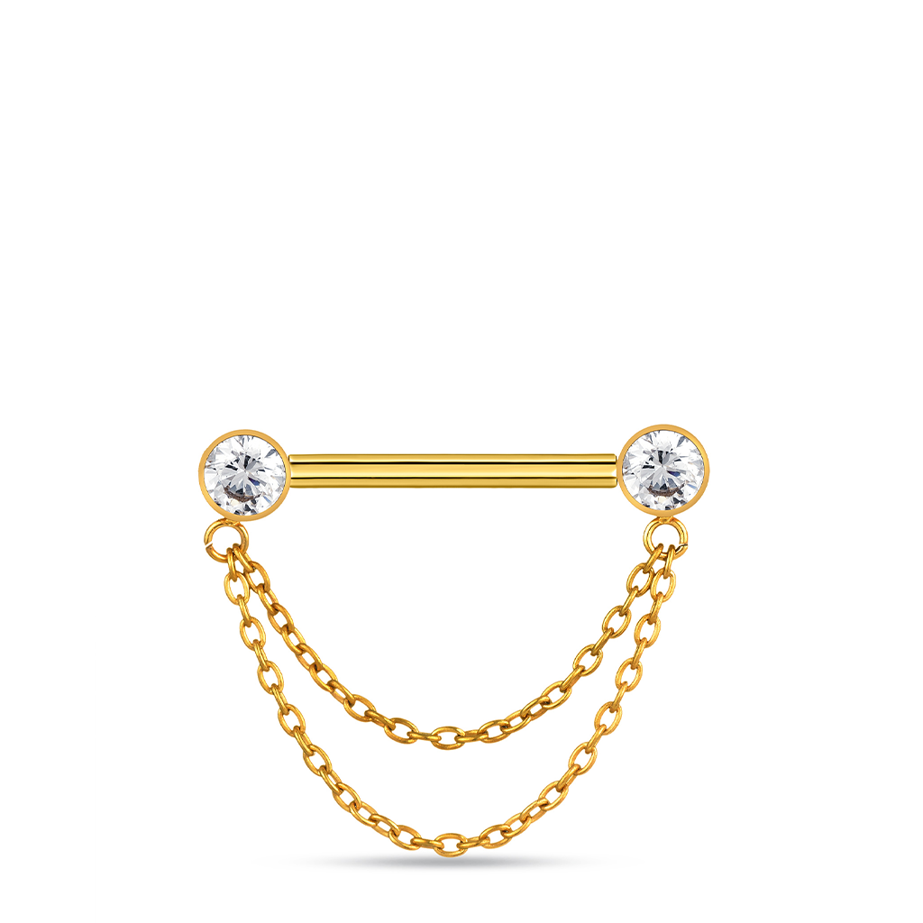 18K V-Gold Crystal with Chain Double Nipple Bar
