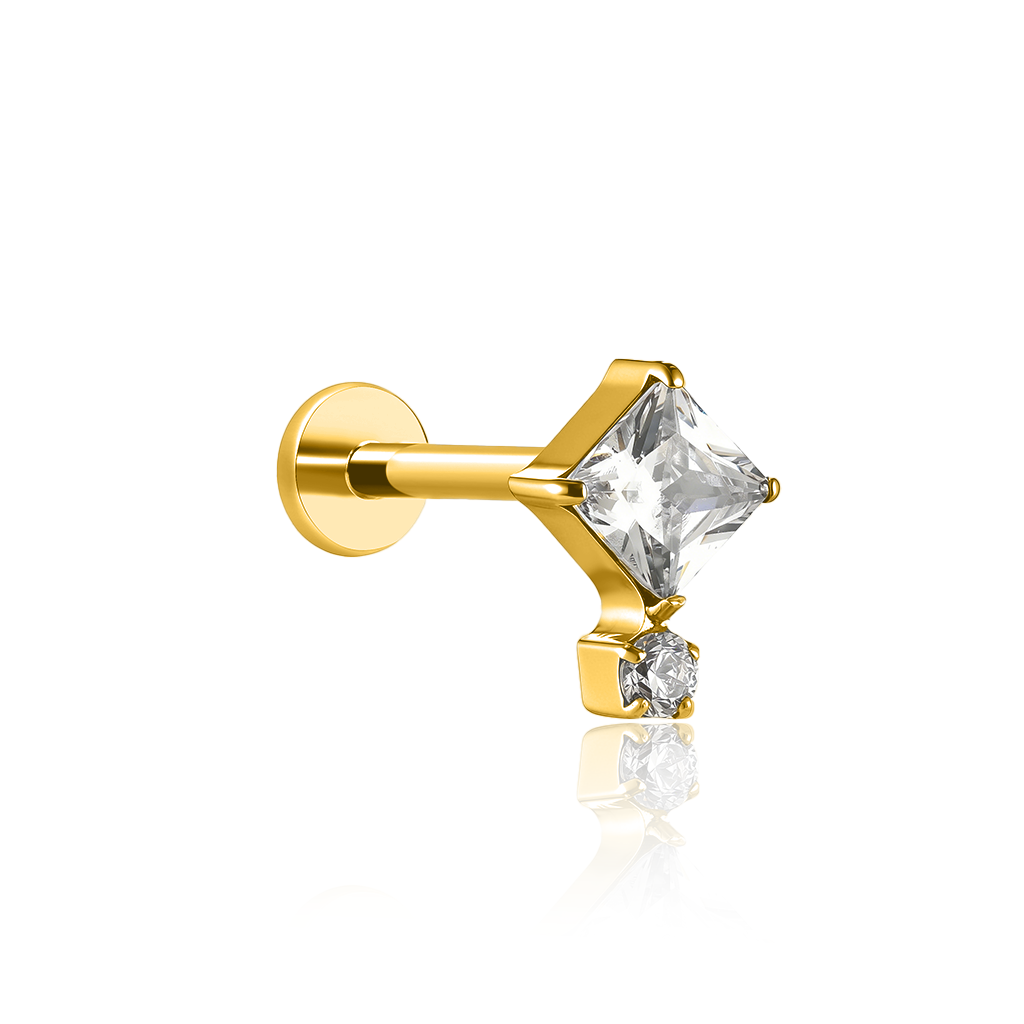 18k V-Gold Square w Round Stone Flatback