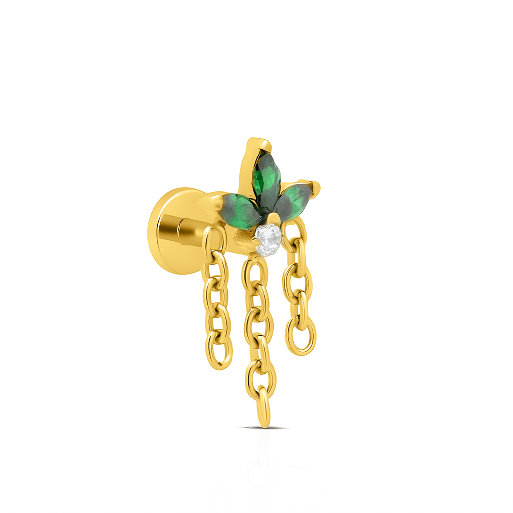 18k V-Gold Marquise Fan in Emerald with Chains Flatback