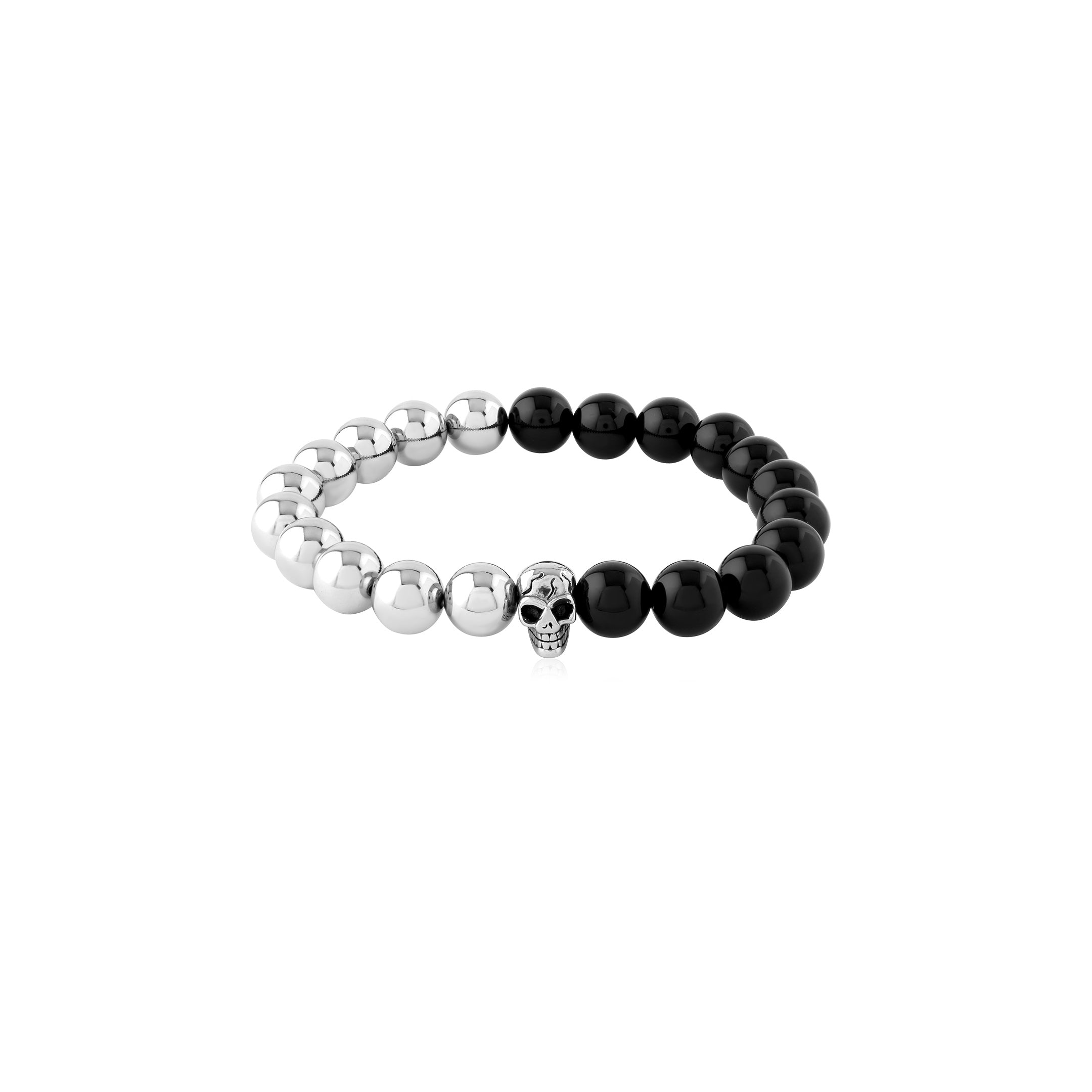 Steel Bracelet Elastic Black Stone Beads w Skull