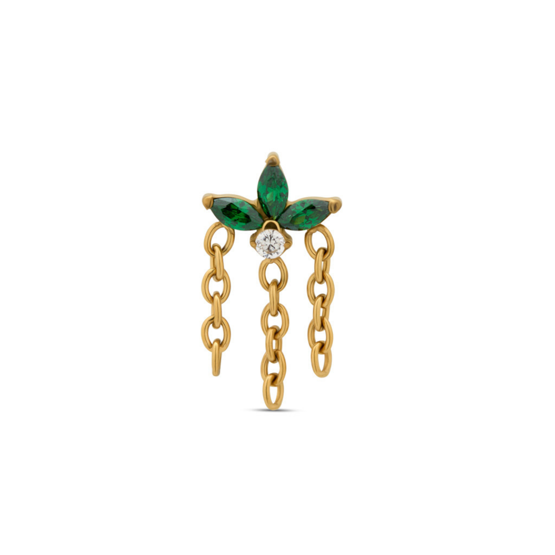 18k V-Gold Marquise Fan in Emerald with Chains Flatback