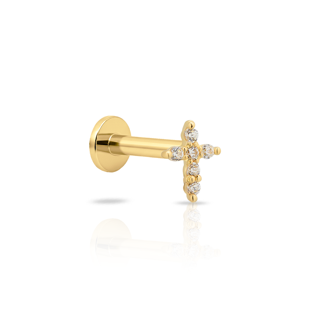 14kt Gold Flatback - Jewelled Cross  - Lab Grown Diamond