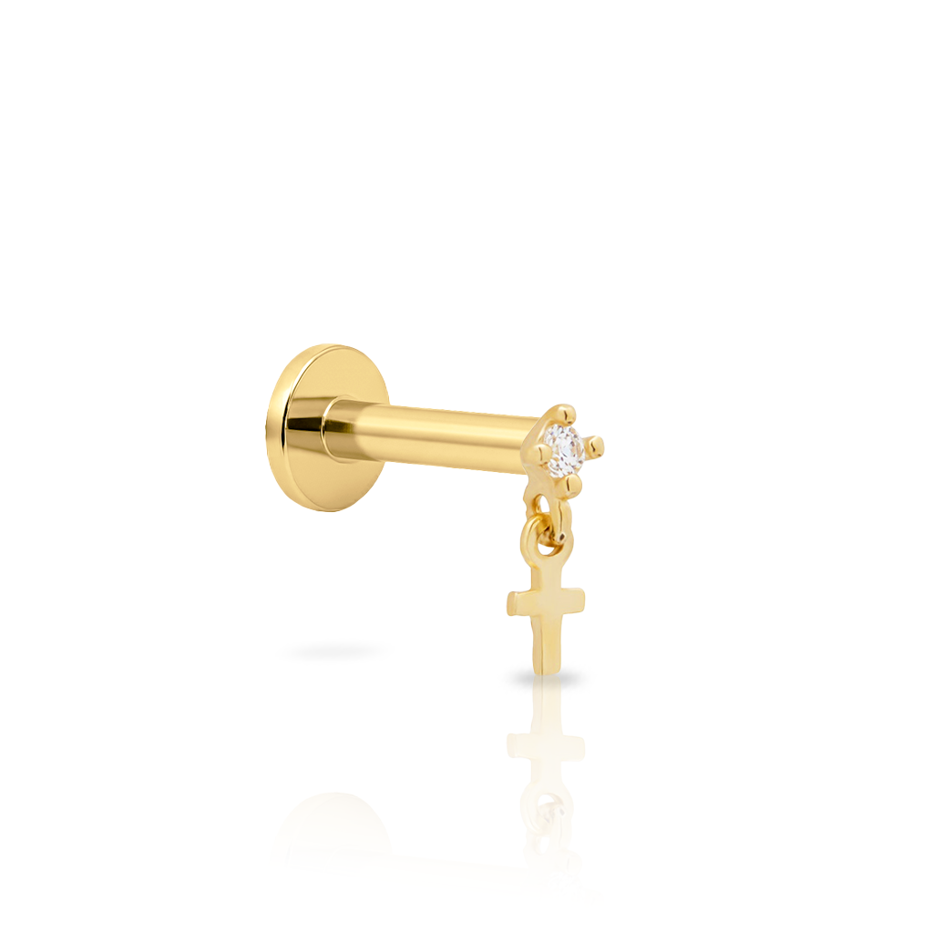 14kt Gold Flatback - CZ With Dangle Cross