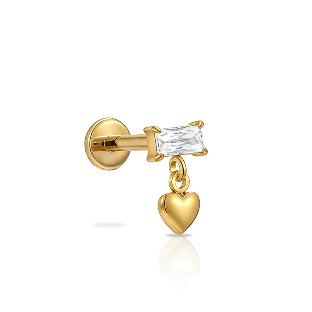 18k V-Gold Baguette w Dangle Heart Flatback