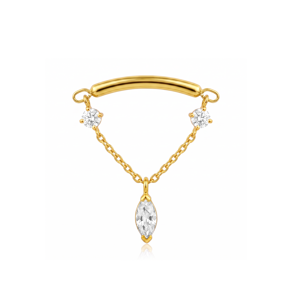 18k V-Gold Curved Bar Chain 2 Round stones with Marquise Flatback