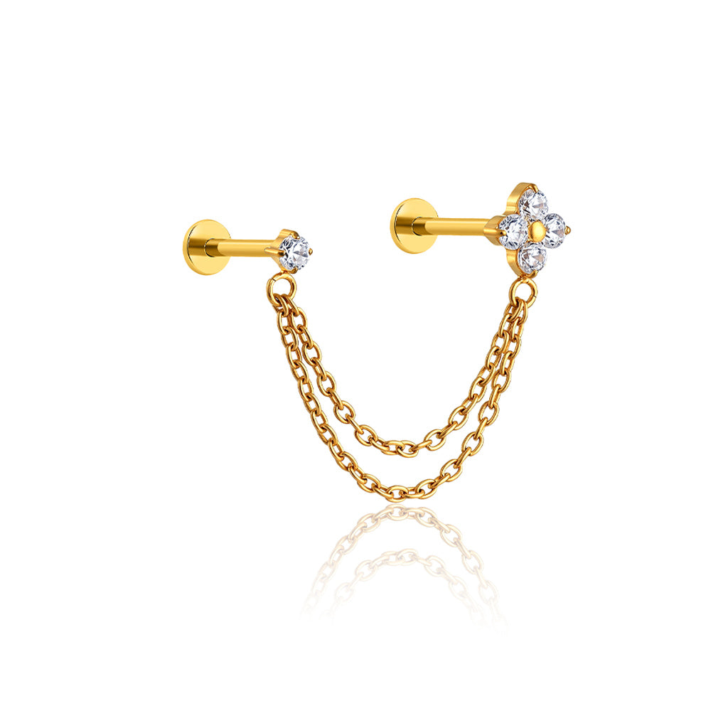 18k V Gold Double Chain with 4mm Flower / 2mm Stone Flatback