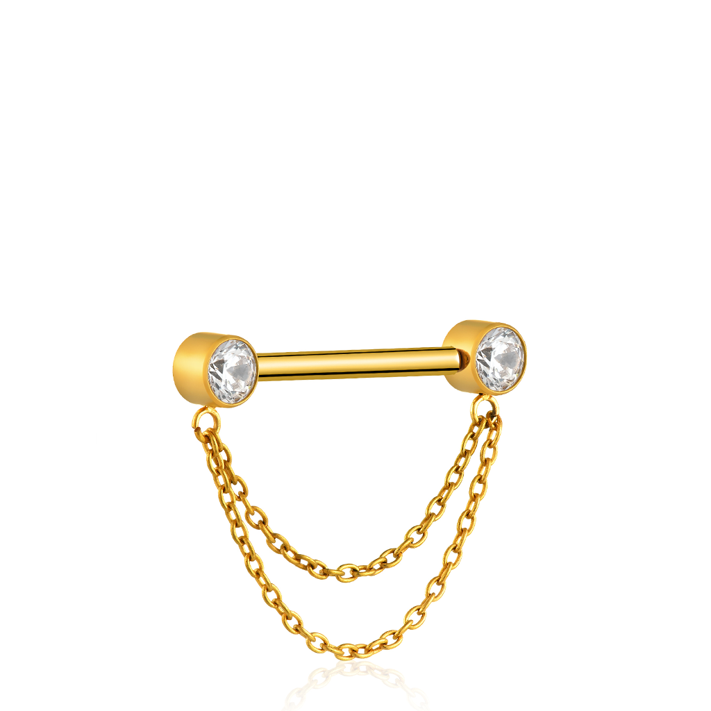 18K V-Gold Crystal with Chain Double Nipple Bar