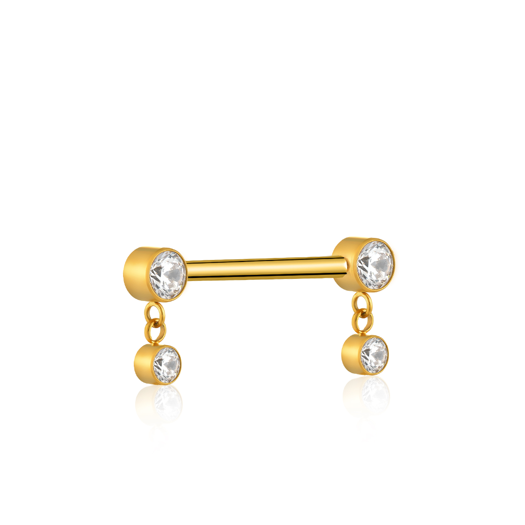 18k V-Gold Bezel Crystal with crystal dangle nipple bar