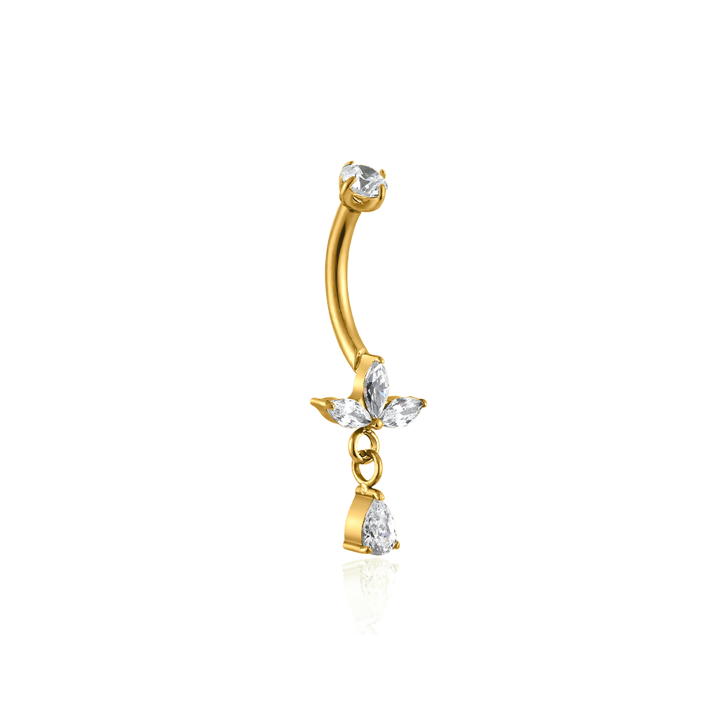 18K V-Gold Dangle Crystal Flower Fan Curved Bar