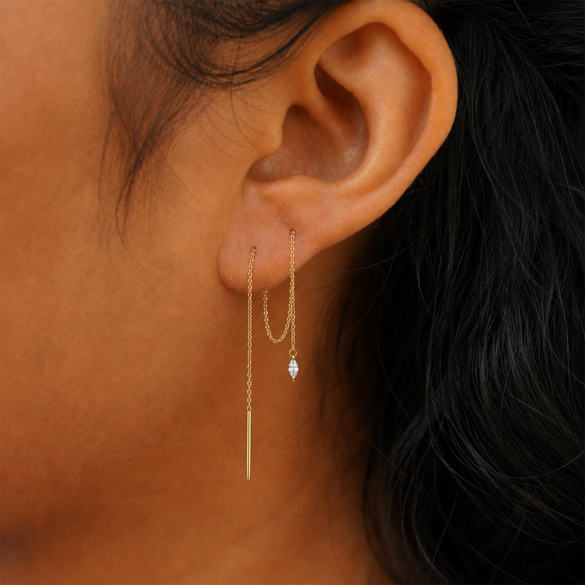 18k V-Gold Ear Threader Marquise Stone