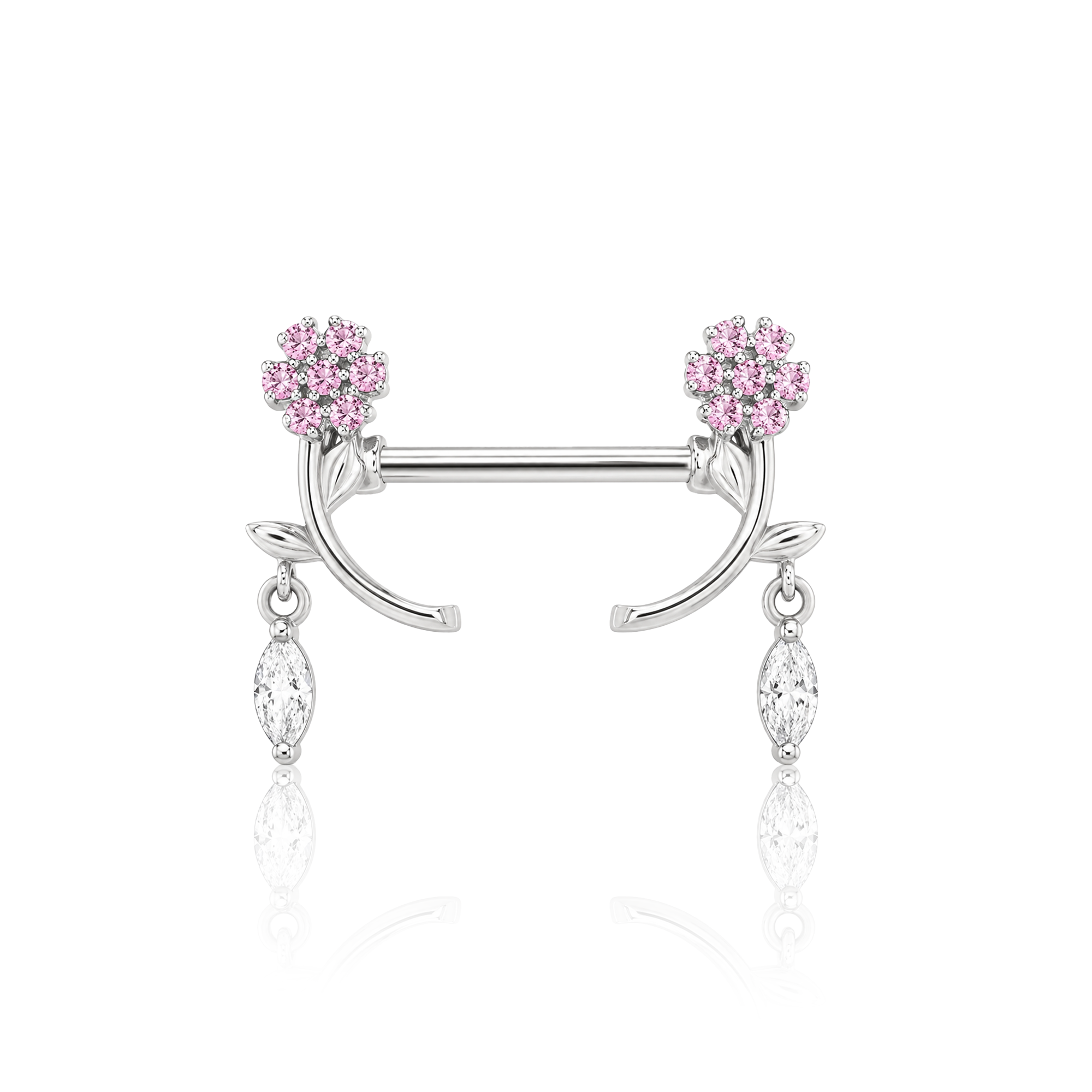 Jewelled Pink Flower Dangle Nipple Bar