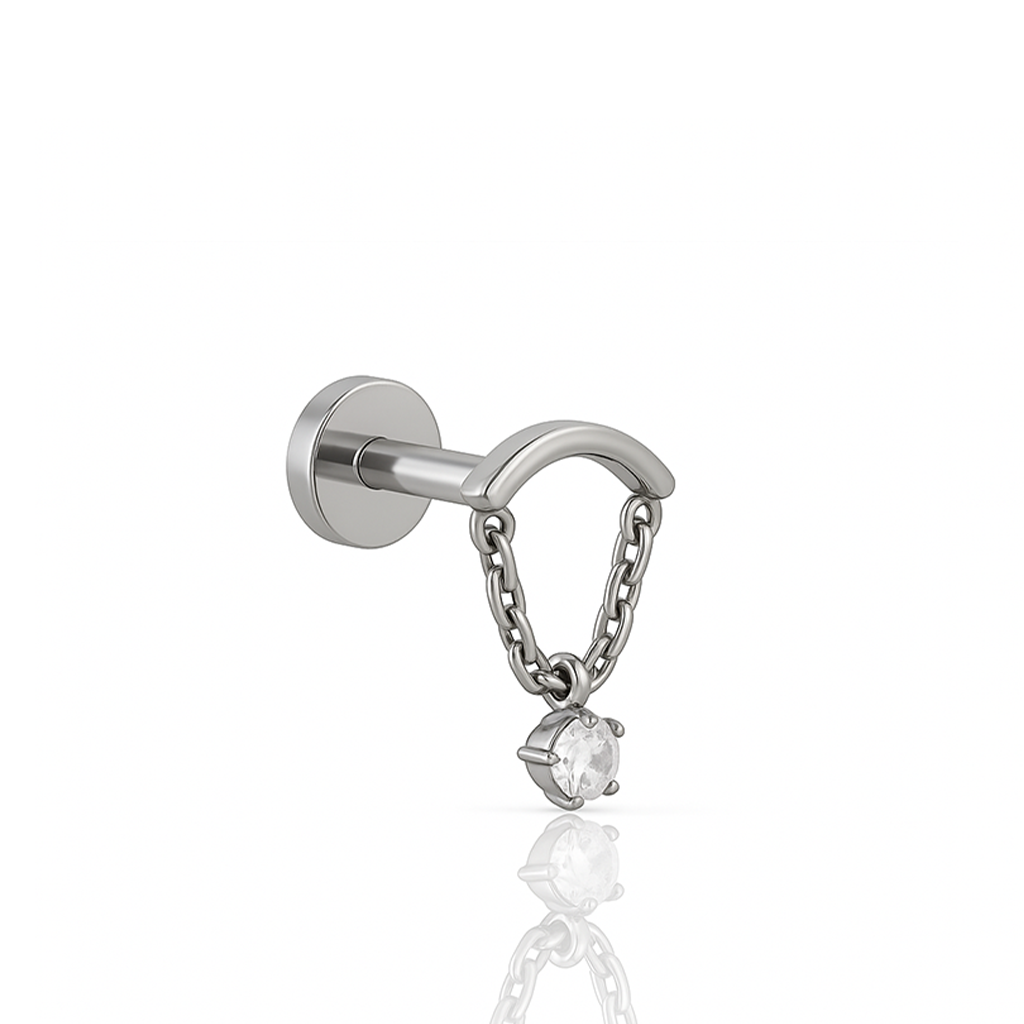 Curved Bar with Chain and Clear Stone Flatback