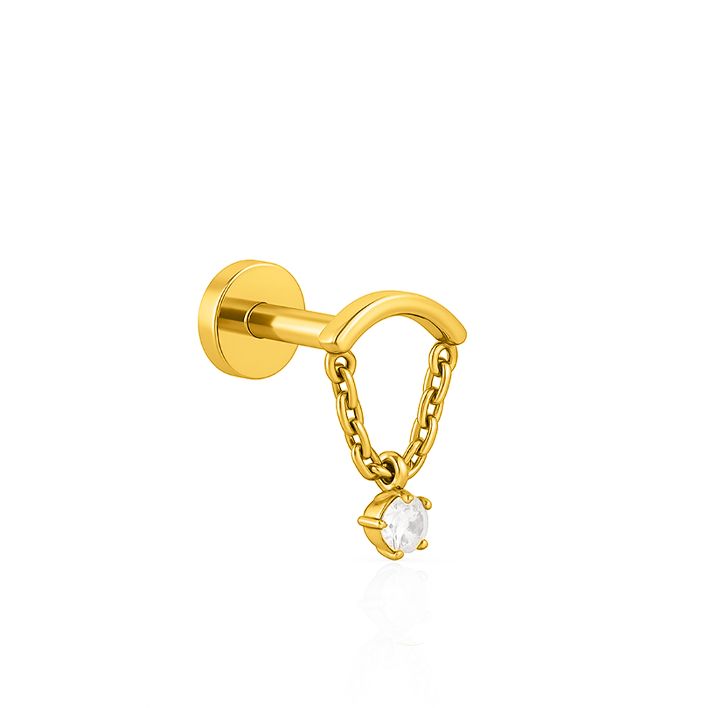18k V-Gold Curved Bar with Chain and Clear Stone Flatback