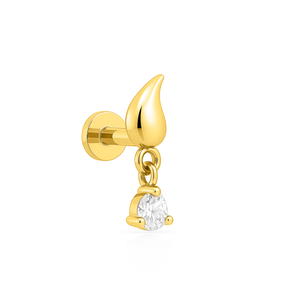 18k V-Gold Droplet with dangle CZ Round Stone Flatback