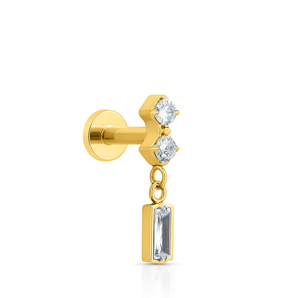 18k V-Gold 2 Round Stones with Baguette dangle threaded Flatback