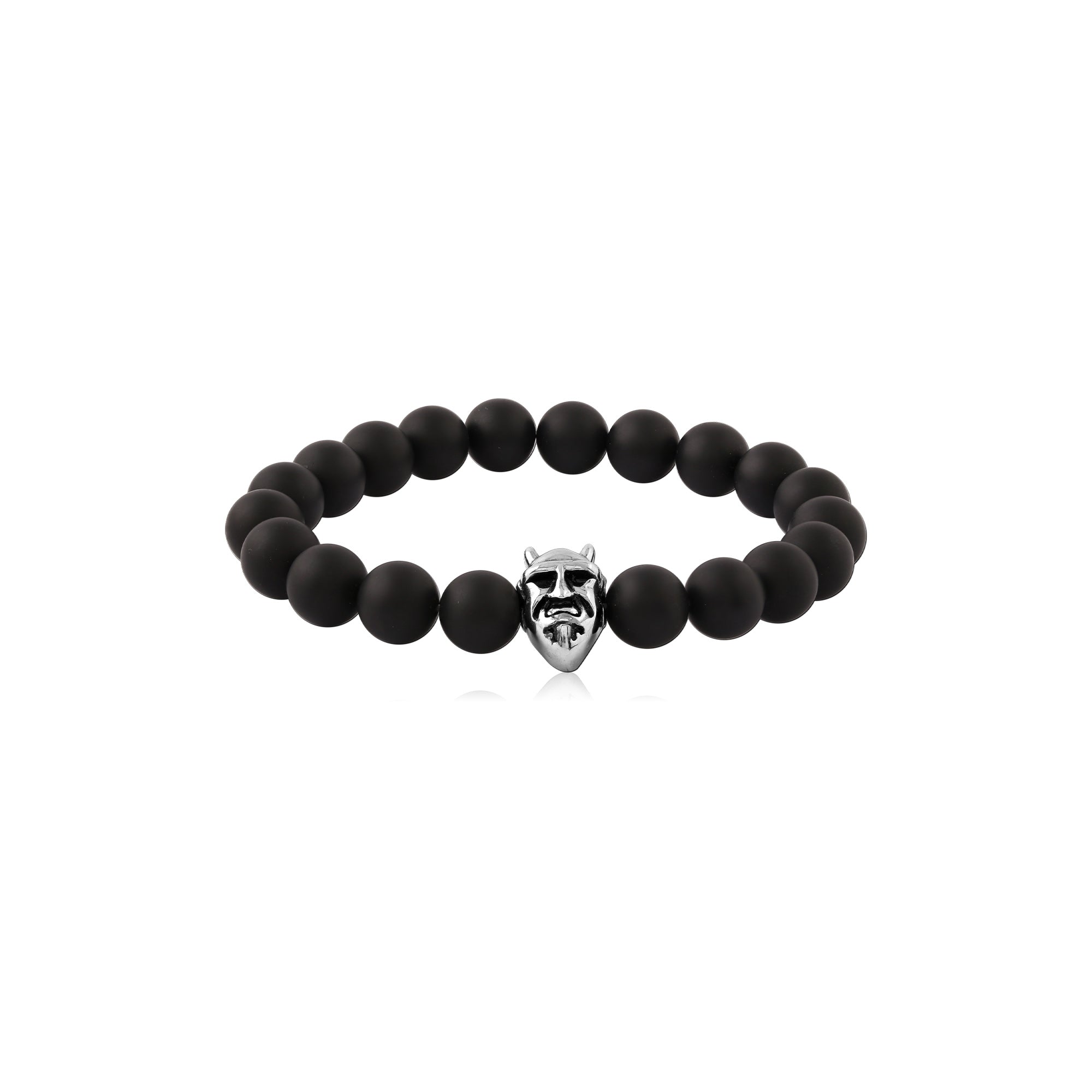Steel Bracelet Elastic Black Stone Beads w Demon