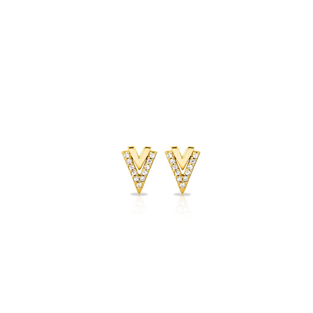 18k V-Gold Double V Jewelled Earrings - Pair
