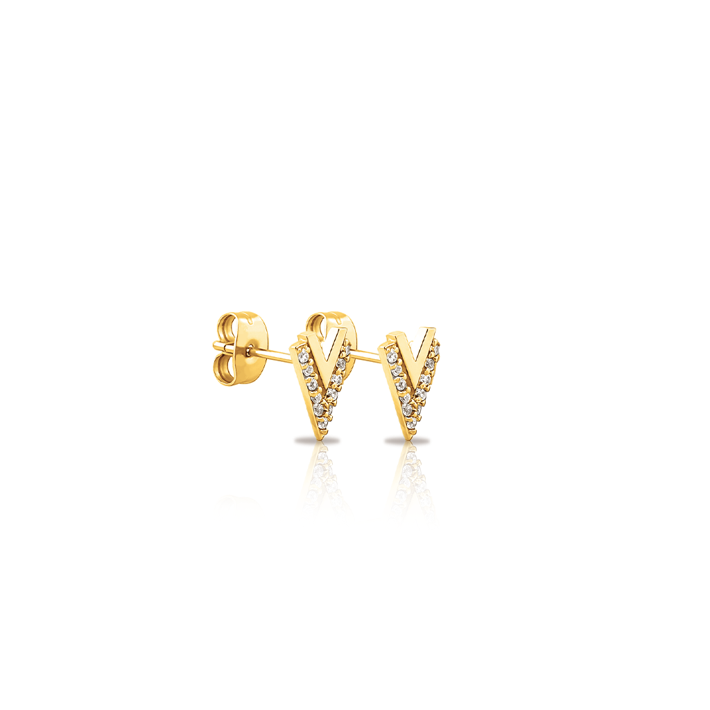 18k V-Gold Double V Jewelled Earrings - Pair